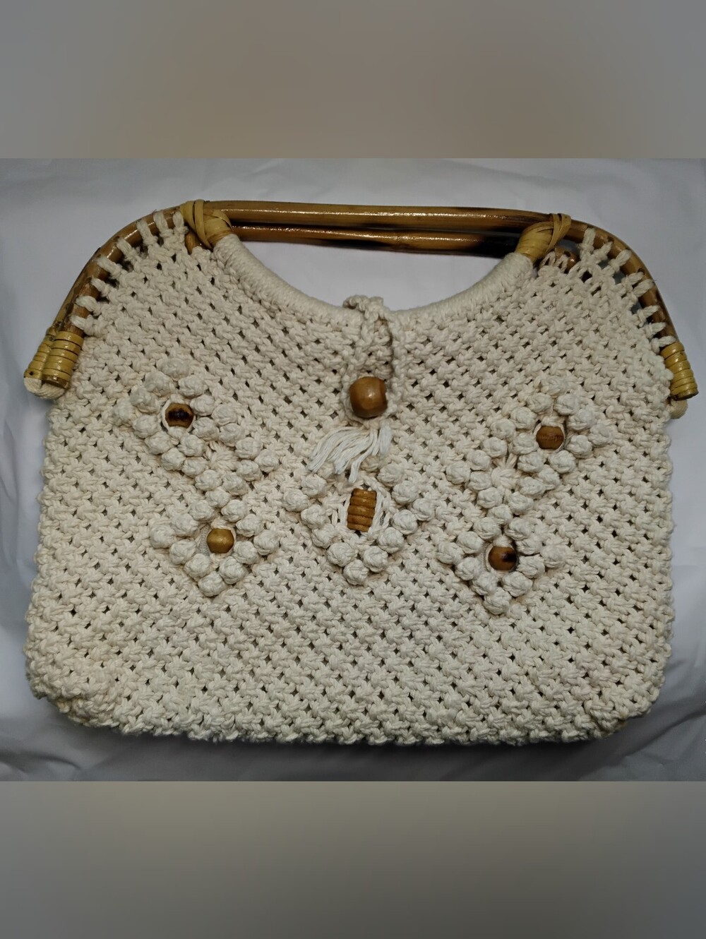 Boho Woven Macramé Crochet Cream Ivory Handbag with Wooden Handles Handmade